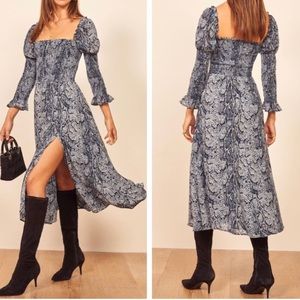 Reformation Rosamund Smocked Midi Dress Snake Print Puff Sleeve Milkmaid